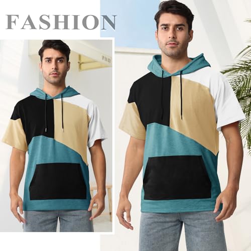 Mens Short Sleeve Hoodie Cotton Color Block T-Shirt Sweatshirt Moisture Wicking Half Sleeve Summer Pullover2