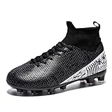 curunect Boys Girls Soccer Cleats Lightweight High-top Training Football Shoes for Youth Non-Slip Kids Soccer Futsal Shoes, Tacos de Futbol para niños, Black/White/Silver, Big Kid 1