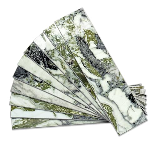 Vamos Tile 40-Piece Glossy Ice Green Marble Peel and Stick Backsplash Wall Tiles with White Grout, 3" x 12" PVC Faux Stone Backsplash Tiles for Kitchen, Bathroom, Laundry Room, Camper, Fireplace