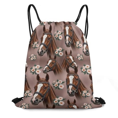 Novelty Cute Two Horses Draw String Back Bag, Sturdy Large Capacity Gym Bag for Shoes, Towels, Adults Portable Drawstring Bag Backpack for Outdoors