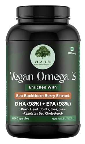 Image of VITAL LIFE Vegan Omega 3 Vegetarian Capsules, 60 Caps | 98% DHA & EPA, Sea Buckthorn Berry, Algal DHA & Flaxseed Extract, Heart, Brain, Joint & Skin Health