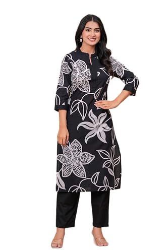 MEERA FAB Women's Pure Cotton Printed Ethnic Wear Straight Kurta Set with Palazzo Pants Black