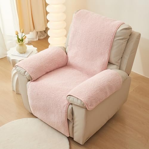 Image of ELEFOCUS Plush Sherpa Fleece Recliner Chair Cover,Soft Warm Sofa Slipcover,Washable for Reclining Sofa,Furniture Protector Non Slip (Pink, 22 inch)