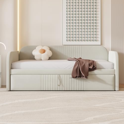 SUKY Cama tapizada sofá cama extensible 90/180 x 190 cm, con somier, rayas verticales, cama multifunción, tejido de lino cómodo y transpirable (beige)