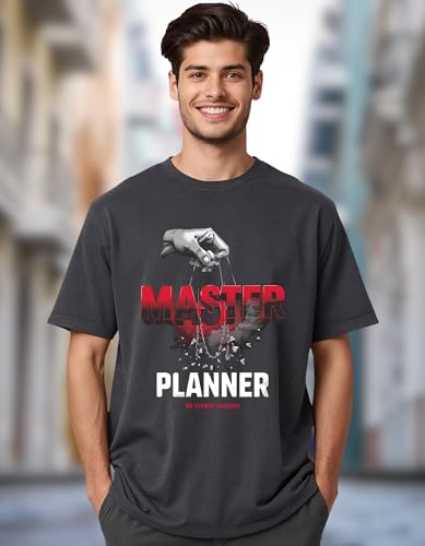 Image of Oversized Charcoal Grey Graphic T Shirt for Men | Drop Shoulder Loose Fit | Master Planner Motivational Print | Streetwear Casual Cotton Tee