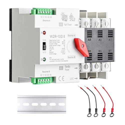100Amp AC 220V Dual Power Automatic/Manual Transfer Switch 3P, ATS Solar Auto Automatic Transfer Switch for Home Generator 3POLE 100A 220Volt, Din Rail Fast Changeover Transfe 50/60Hz for Rv, Lv Power