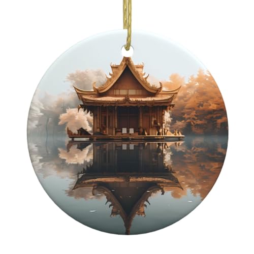 YYHWHJDE Small Pavilion on The Lake Printed Christmas Tree Ceramic Hanging Round Pendant for Decorating Shops, Doors and Windows