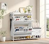 DWVO Farmhouse Shoe Storage Cabinet with 2 Flip Drawers for 16 Pairs, Entryway Shoe Storage with Shoe Bench, Narrow Slim Shoe Cabinet for Entryway, Living Room, Hallway (White)