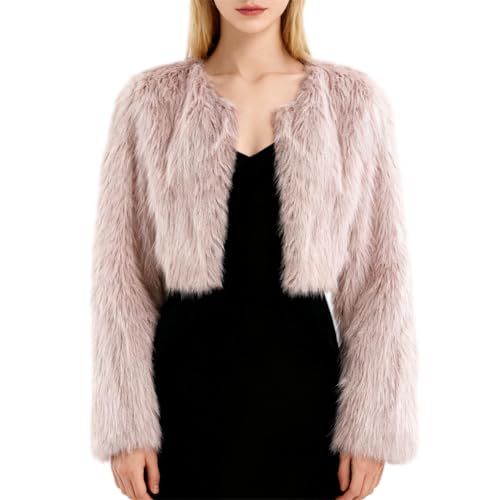 Amazhiyu Abrigo de piel sintética para mujer, chaqueta de invierno de manga larga, cuello redondo, frente abierto, cárdigan cálido de felpa, rosa, XL