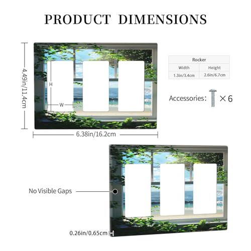 Decorative Outlet Covers Window Beach Seascape View Green Leaves 3 Gang Wall Plate Triple Rocker Light Switch Cover Plate Jumbo Electrical GFCI Faceplate for Bedroom Bathroom Decor