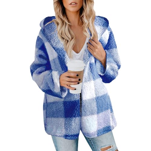 Sherpa Jacket Women Plaid Fleece Jacket Open Front Flannel Hooded