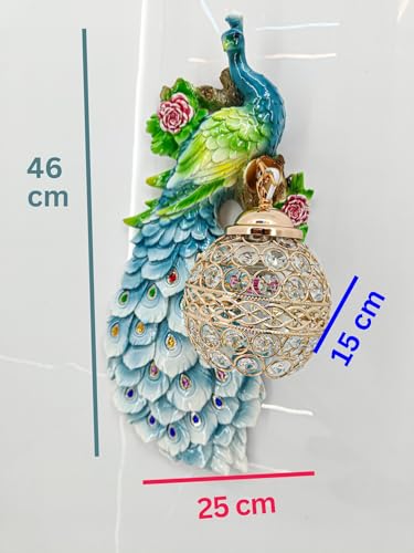 Image of swanart Decorative Plumora Peacock Wall Light with Crystal Lamp - 46 cm Artistic LED Wall Mount Light, Vibrant Colors & Gold Accents for Bedroom, Living Room, and Hallways - 3D Handcrafted Design