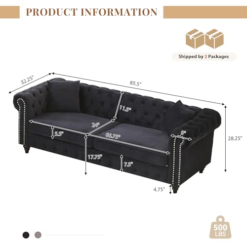 Image of Modern Chesterfield Sofa Couch, 85.5-inch Velvet Fabric 3-Seater Sofa with Rolled Arms and Tufted Button for Living Room, Office, Black