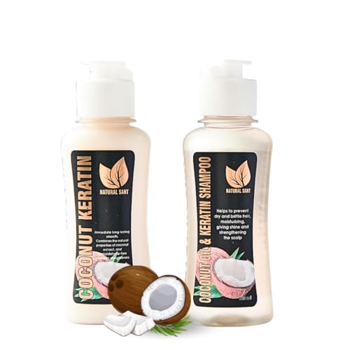 NATURAL SANT - Coconut Keratin Straightening Kit at Home - Formol Free - Smooths All Hair Types - Includes Treatment, Shampoo & Leave-in