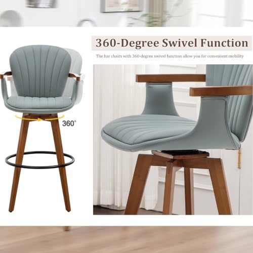 Image of LUNLING 26 inch Counter Height Stools,Mid Century Modern Bar Stools,Blue PU Leather Kitchen Island Stool,Wood High Barstools Swivel with Back and Arms for Home Bar Furniture,1PCS