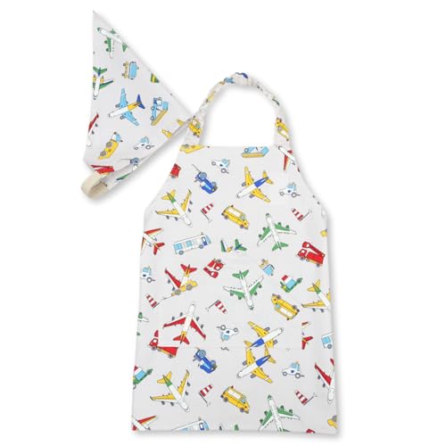 キッズ エプロン 三角巾セット かぶるだけ マジックテープ ゴム 電車 スィーツ 恐竜 男の子 女の子 子供 FUJIKI 日本製 綿 保育園 幼稚園 小学校 入園入学 (乗りもの(ひこうき)ベージュ, S(100-120))