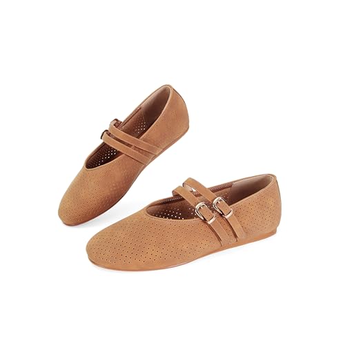 SOVANYOU Suede Mary Jane Flats for Women Perforated Round Toe Ballet Flats with Double Buckle Strap Breathable Mesh Ballerina Shoes3