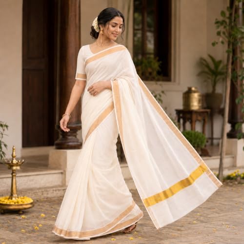 Image of Women's Kerala Off white cotton saree with running blouse| Onam Saree | Vishu Saree | Traditional White Saree