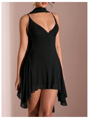 SOLY HUX Women's Deep V Neck Ruffle Mesh Dress Spaghetti Strap Asymmetrical Mini Dresses with Scarf3