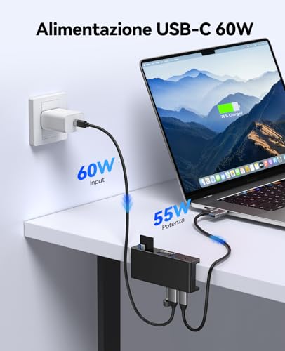 Hub USB 3.2, Alluminio USB-Hub Clip con porta USB-C PD 60W, 10Gbps 7 porte Distributore USB con 2 Tipo A 3.2 e 1 Tipo C 3.2, SD/TF 3.0, AUX, Cavo da 100cm per monitor, Scrivania - Hub USB - Immagine 2