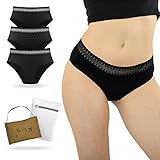 3 Perioden-Unterwäsche für starke Blutungen|Ultra absorbierend|4 Tampons|Alle Arten von Perioden-Flüsse|Starke Blutung|Nach der Geburt|Wasserdichte Transporttasche inbegriffen (M)