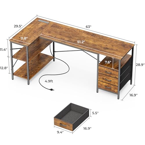 Huuger L Shaped Desk with Power Outlets, 63 Inch Reversible Computer Desk with 3 Drawers and Shelves, Home Office Table for Corner Work Study Writing Gaming, Rustic Brown