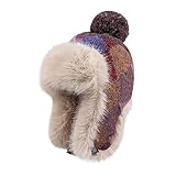 IPENNY Women Knitted Beanie Ear Flaps Hat with Pompom Thicken Warm Faux Fur Lining Skull Cap Thermal Windproof Trapper Hat for Outdoor Activities Skiing Cycling (UK, Alpha, One Size, Style-2)