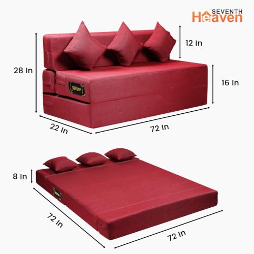 Image of Seventh Heaven 4 Seater 6 * 6 Jute Fabric Washable Cover Sofa Cum Bed 4 Seater Double Foam Fold Out Sofa Cum Bed (Finish Color - Maroon Delivery Condition - Pre-Assembled)