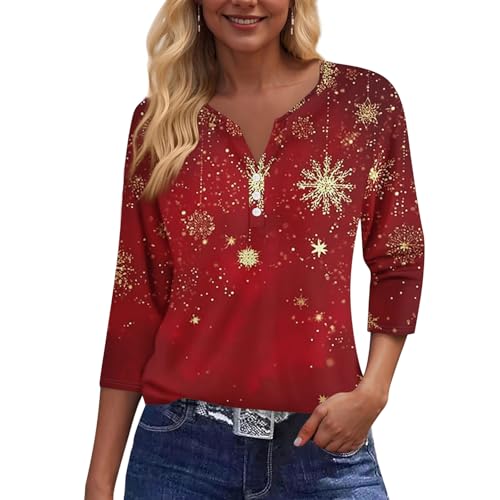 Image of Women Christmas Shirt 3 /4 Length Sleeve Henley Tops Xmas Outfits
