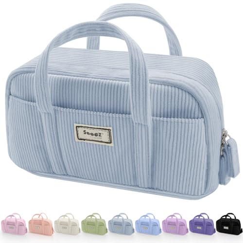 Image of Sooez Large Pencil Case Pouch, Extra Big Pencil Bag with 5 Compartments, Pen Bag Wide Opening, Soft Corduroy Pencil Pouch Organizer with Zipper, Cute Aesthetic School Supplies for Teen Girls-Blue