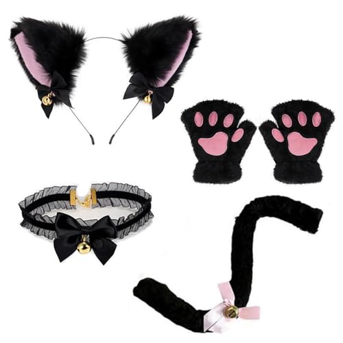 [GOODCHI] 猫耳 カチューシャ 首輪 肉球手袋 しっぽ 可愛い 鈴付き 蝶結び 仮装小物 ハロウィン コスプレ 4点セットのサムネイル