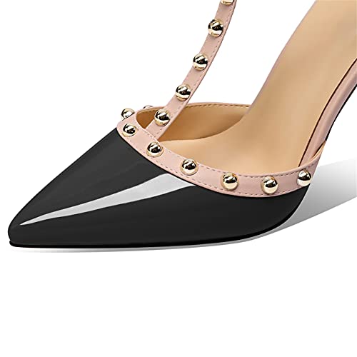 Miraazzurra Women Heeled Sandals Rivet Studded High Heels Stiletto T-Strap Pointed Toe Slip On Bridal Pumps For Women 10.5Cm Us Size 7 Black #TOP4