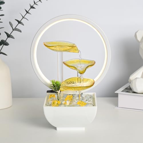 Image of Water Fountain for Home Decor - 29cm Golden Amber Glass Indoor Waterfall with LED Light - Tabletop Showpiece for Living Room, Office Desk & Bedroom - Wealth Prosperity Gift (Frost Yellow)