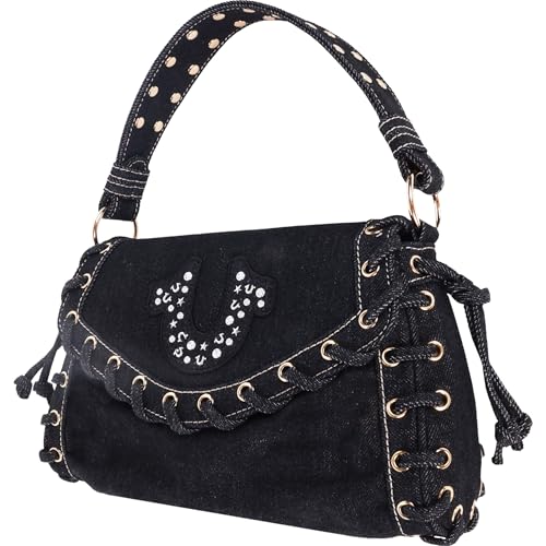True Religion Studded Horseshoe Eyelet Denim Flap Bag, Crossbody Shoulder Handbag, Black