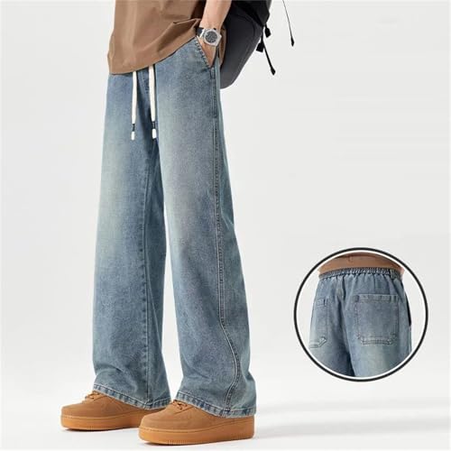 Men's Vintage Blue Loose Straight Wide Leg Jeans Casual Outdoor Drawstring Baggy Jeans2