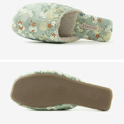 Floral Silk Embroidered Slippers Women Retro Brocade Upper Fuzzy Linen insole Soft TPR Anti-Slip Soles Indoor Slippers4
