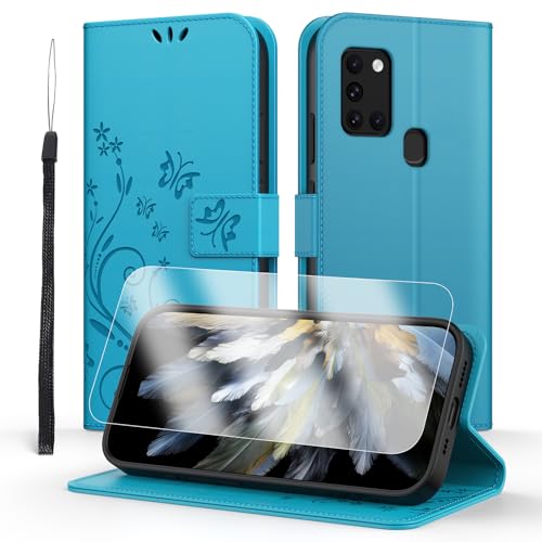 Anshow Lederhülle mit Samsung Galaxy A21S Hülle Handyhülle für Samsung Galaxy A21S Flip Wallet Hülle Leder Tasche Schutzhülle Blau