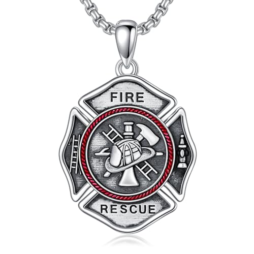 Firefighter Necklace 925 Sterling Silver Fire Fighter Shield Medal Cross Pendant Necklaces for Men, w/Stainless Steel Chain 22''+2''