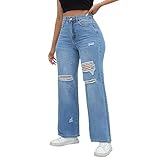 Eauptffy Jeanshosen für Teenager Mädchen Mode High Waist Asymmetrische Loch Jeans Casual Baggy Gerade Jeanshose Stretch Denim Pants Bootcut Jeans Bund Gerissen Lange Hose