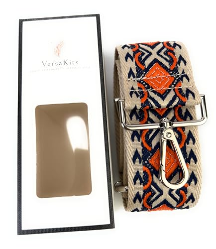 Image of Ivory Orange Boho Diamond Purse Strap with Silver Hardware 2 Inch Wide Replacement Crossbody Guitar Style Shoulder Strap for Handbags Totes