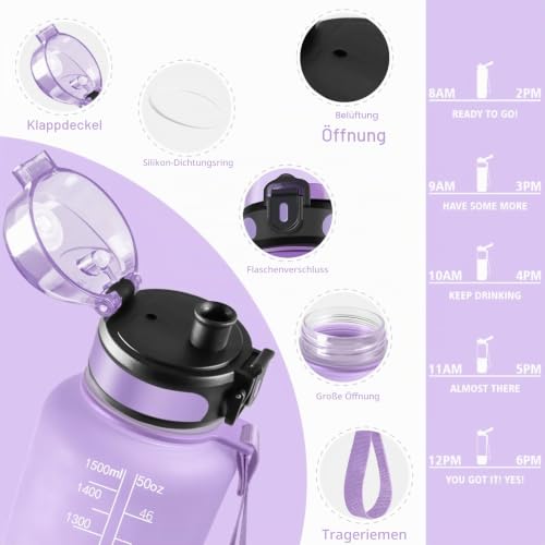 HoneyHolly Trinkflasche 1500ML, Auslaufsicher mit Zeitmarkierung, Water Bottle, Trinkflaschen mit Filter… – Ansicht 2