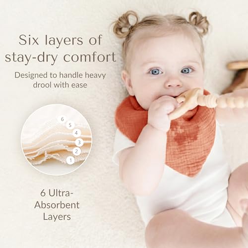 Image of Konssy 10 Pack Baby Muslin Bandana Bibs for Drooling and Teething | 100% Cotton Bibs for Boy Girl, Soft Absorbent 6-Layer Thick Cloth, Pre-Washed Less Shrinkage, Newborn Infant Toddler