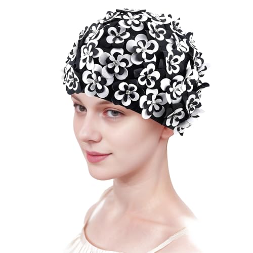 Medifier Bonnet de bain vintage à pétales de fleurs pour femmes et filles – Turban de natation élastique rétro avec fleurs, strass noir et blanc