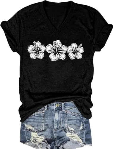 Womens V Neck Floral Graphic Tees Vintage Boho Short Sleeve Casual Wildflowers Tops(HS-1,L)