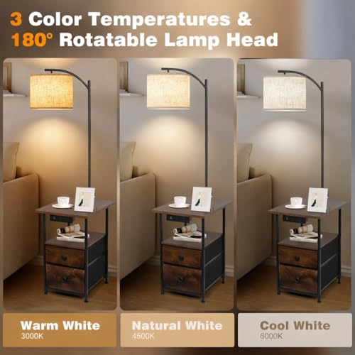Image of PESRAE Floor Lamp with Table & 2 Drawers, End Table with Lamp | Charging Station with USB, Type-C & AC Outlet; 9W LED Bulb with 3 Color Temperatures for Bedroom, Living Room & Home Office