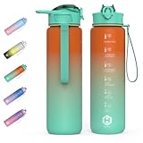 HOMEEX 1L (32oz) Motivational Water Bottle, BPA-free Sports Water Bottle with Time Marker - Quotes - One-Click Technology Ideal for Jogging, Hiking, Office, School, Adults, Children (Blue & Green) - Image 1