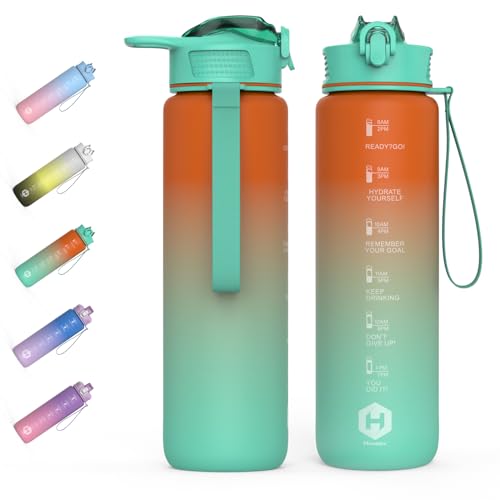 HOMEEX 1L (32oz) Motivational Water Bottle, BPA-free Sports Water Bottle with Time Marker - Quotes - One-Click Technology Ideal for Jogging, Hiking, Office, School, Adults, Children (Blue & Green)