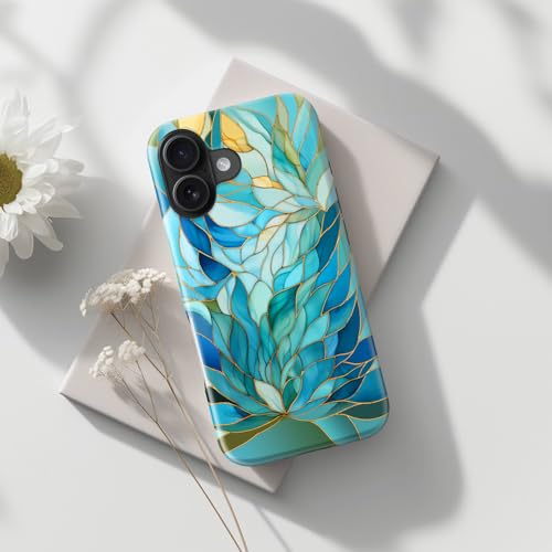 Image of Goodon for iPhone 16 Plus Case Cute - Wireless Charging Compatible - Dual-Layer Hard Shell + Silicone Cover - Protective Phone Case with Trendy Designs for Women - Blue Leaves Flower