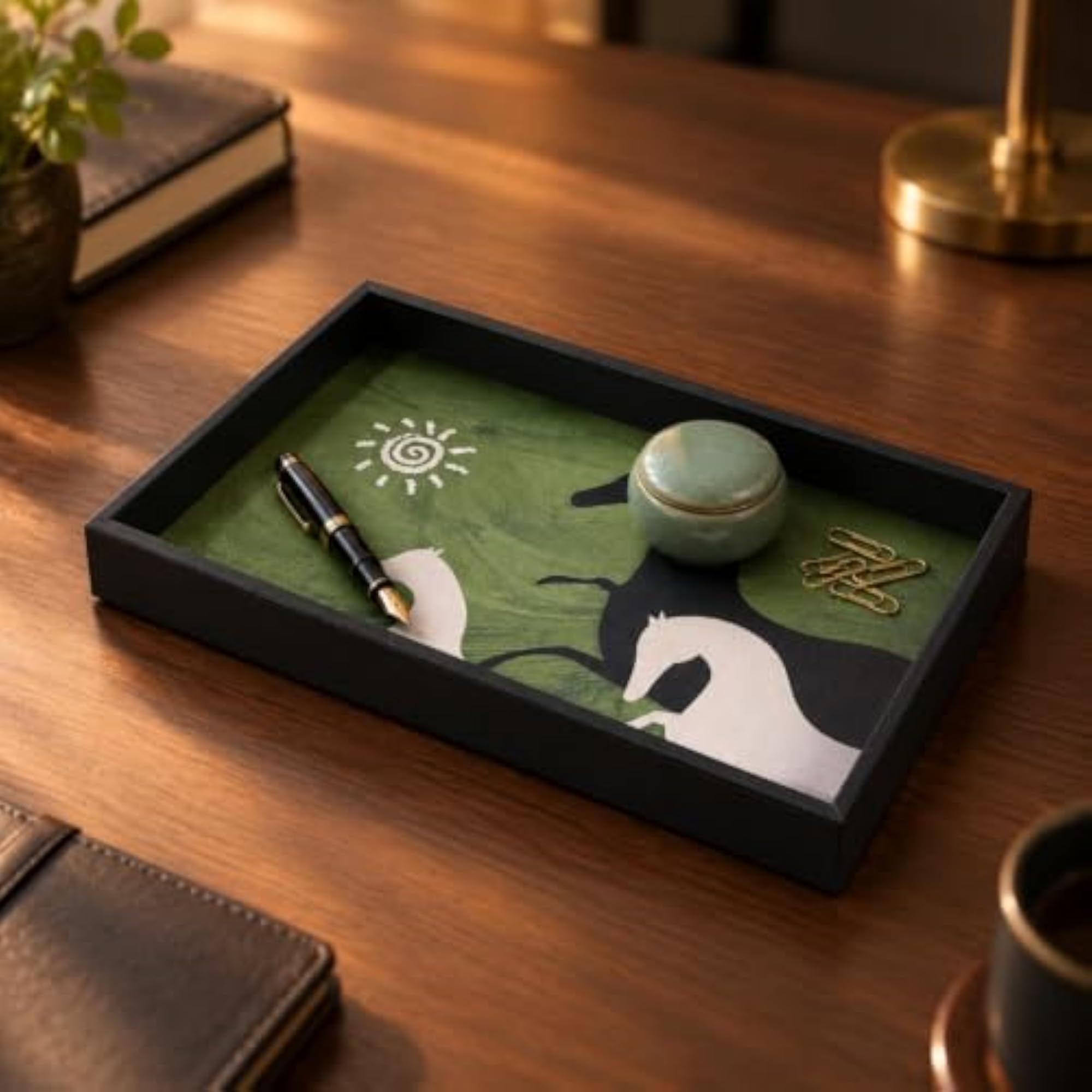 Decorative Rectangular Tabletop Storage Tray with Horse Motif