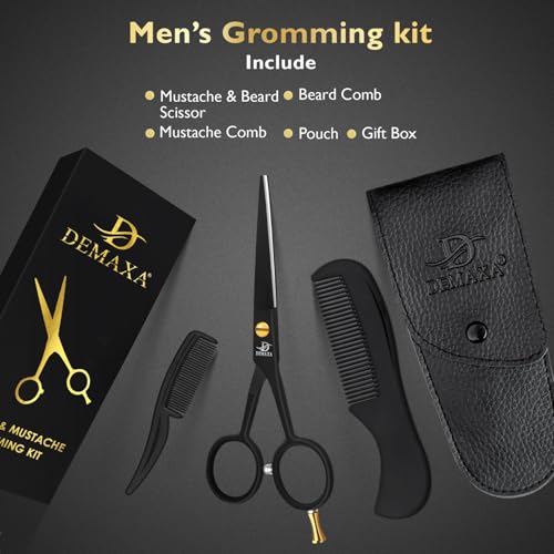 Image of DEMAXA 5 inch Professional Beard Scissors for men Mustache Scissors with 1 Mustache Comb, 1 Beard Comb & Soft Pouch - Prefect Beard shears mustache kit for All Facial Hair - moustache Grooming kit for Men
